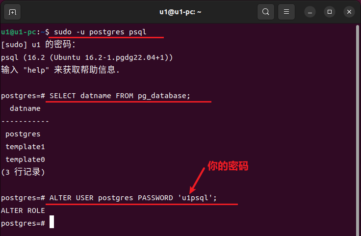 PostgreSQL 进入 Shell终端，查询数据库名称，修改用户密码