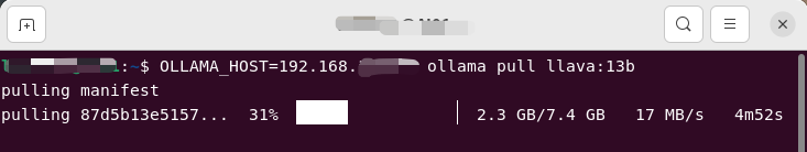 OLLAMA_HOST=192.168.x.x ollama serve 指定IP地址并启动服务，ollama pull llava:13b 拉取模型同样指定IP地址