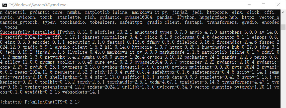 ChatTTS 项目，安装依赖成功