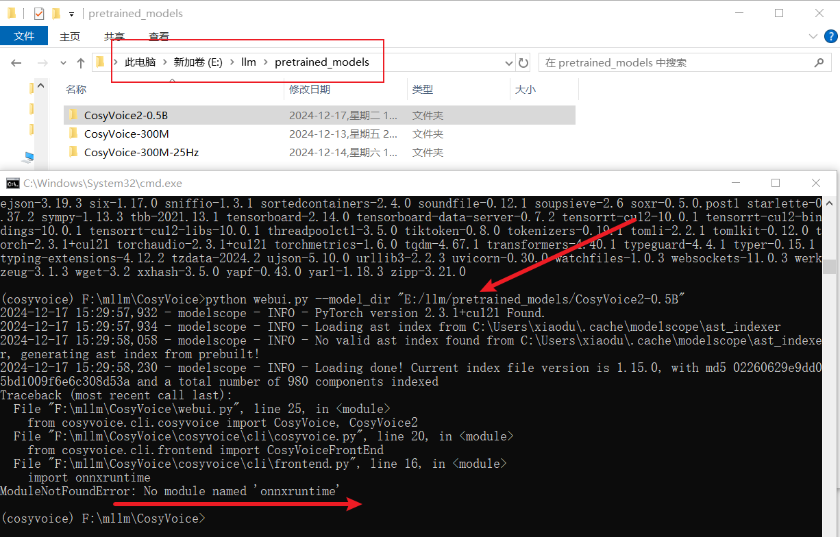 CosyVoice 项目，启动失败，缺少依赖：onnxruntime