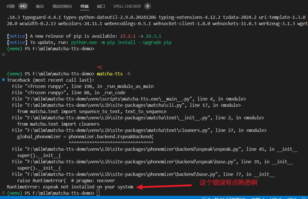 安装之后，matcha-tts -h 查看版本报错