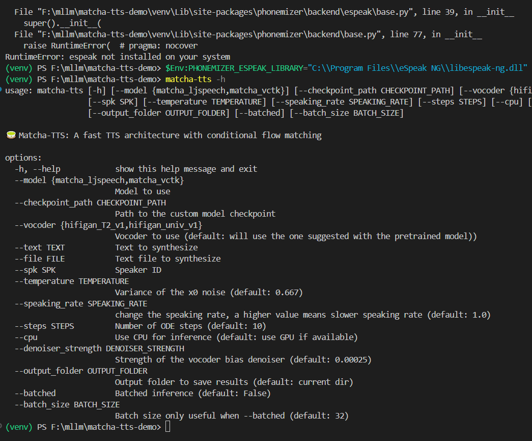 设置 PHONEMIZER_ESPEAK_LIBRARY 环境变量之后，matcha-tts -h 查看版本成功