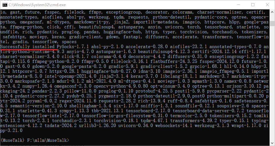 MuseTalk 项目，依赖安装成功
